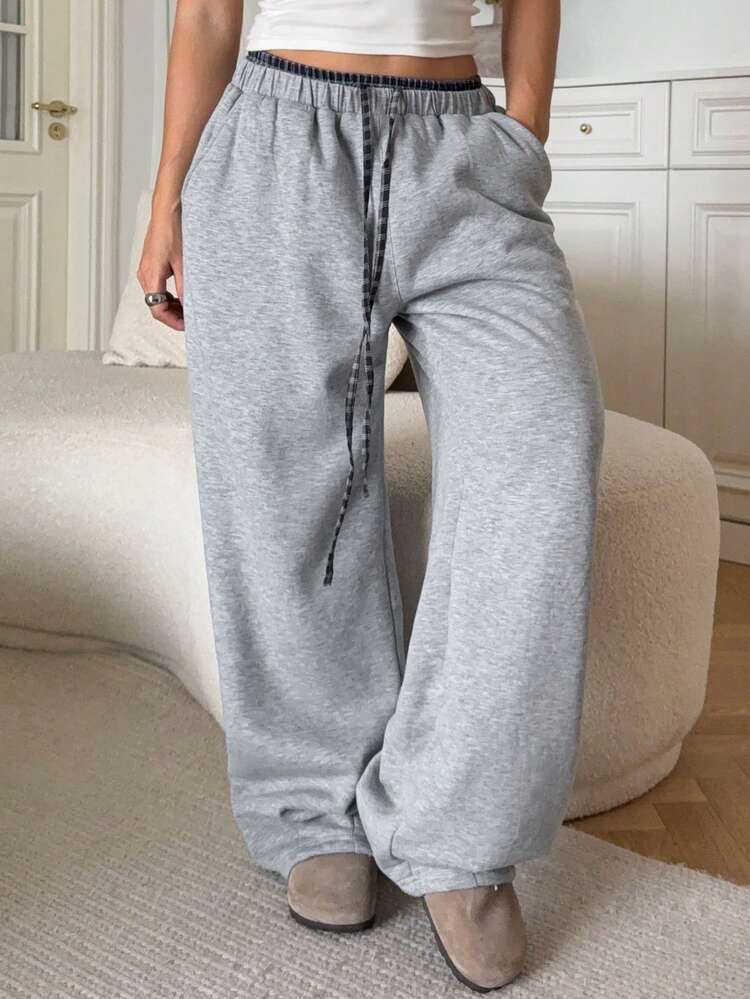 Women's Plaid Patchwork Drawstring Waist Loose Fit Thermal Lined Lounge Cozy Pants, Winter