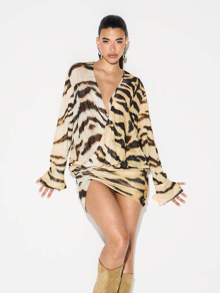 KIZN Mesh Wrap Front Tiger Print Mini Dress