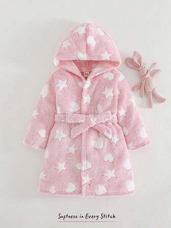 Cozy Pixies Bata con capucha de manga larga con cintura anudada con estampado de estrellas y lunas, forrada térmicamente, gruesa y cálida, adecuada para el invierno, color rosa, para niña bebé
