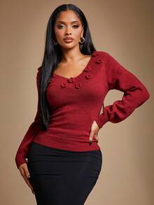 Radiana Suéter feminino com decote em V e estampa floral 3D, fofo, vermelho escuro, Natal, outono e inverno - Vermelho - Ver 4