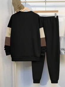 SHEIN 2 件套青少年男童休闲拼布撞色圆领运动衫和慢跑裤套装，适合秋季、冬季、学校、家居、日常、运动、生日派对、郊游，百搭百搭保暖内衬 - 黑色 - 查看 2