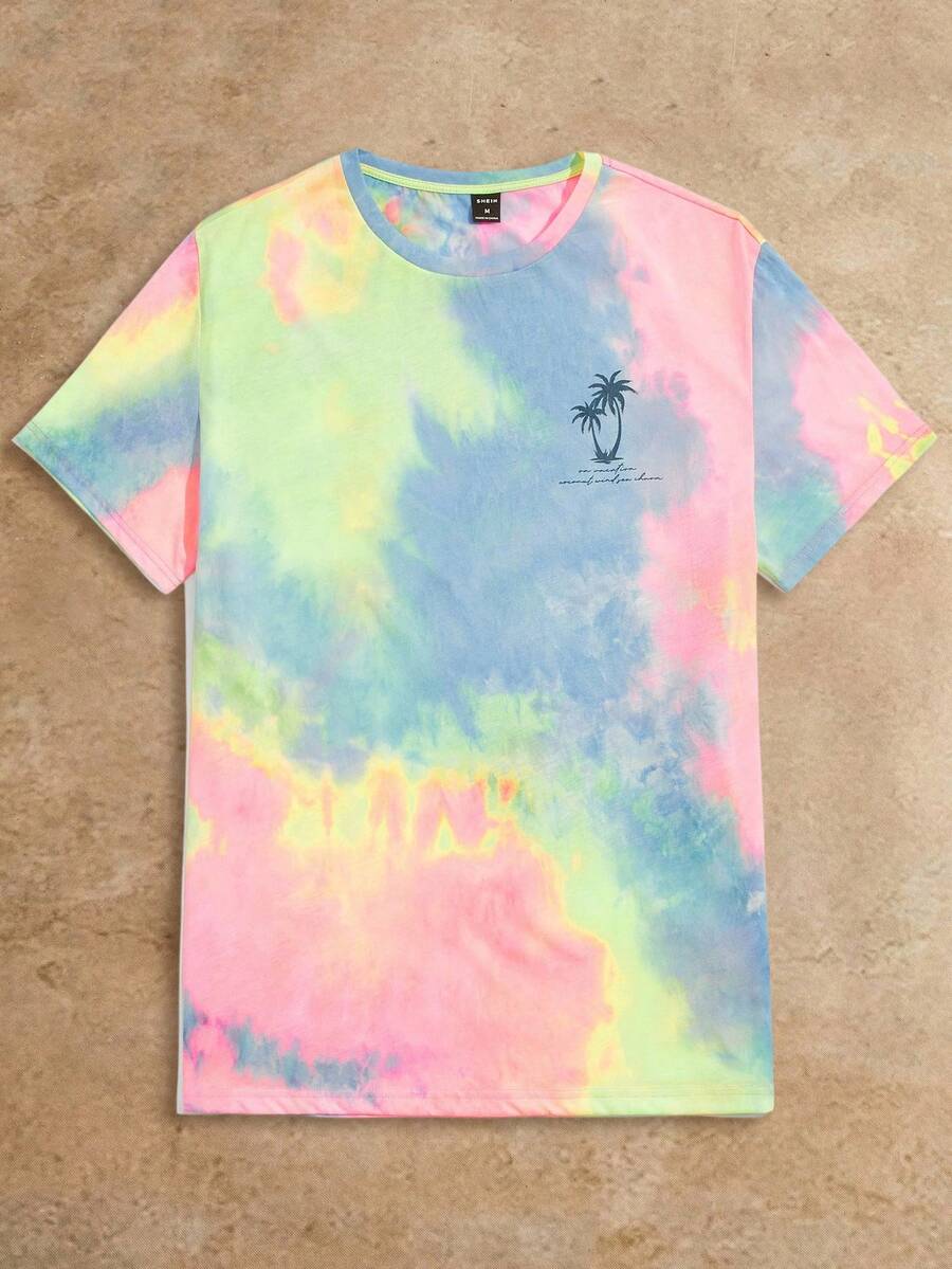 Manfinity NXTstreet 男士针织休闲日常海滩冲浪度假扎染椰子树图案修身圆领短袖 T 恤 - 彩色 - 查看 1