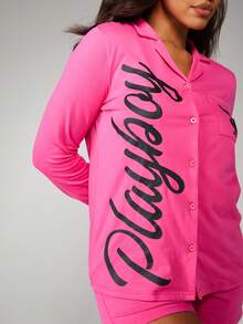 Missguided x Playboy Christmas Button Front Pajama Set With Logo - Pink - View 3