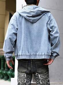 ROMWE MEN Street Life Men's Autumn Drop Shoulder Long Sleeve Zip Front Casual Drawstring Hooded Denim Jacket - Blue - View 2