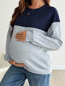 SHEIN Blusa de amamentação casual com estampa de bloco de cores, gola redonda, ombros caídos, manga comprida, forro térmico, outono/inverno - Multicolorido - Ver 4