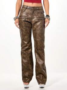 SUMWON WOMEN Faux Suede Low Rise Flare Trousers With Zipper Details For Festival Vintage Style - Brown - View 6