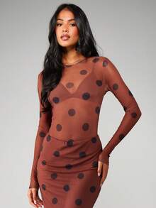 MISSGUIDED Polka Dot Mesh Bodysuit Long Sleeve Sheer See Through Fitted Top Fall Winter Party Club