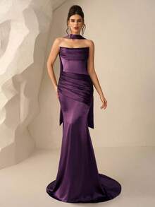 Coutiva Váy dạ hội trang trọng xếp ly màu trơn thanh lịch dành cho nữ (được trang trí nhiều chi tiết) - Màu tím - Xem 5