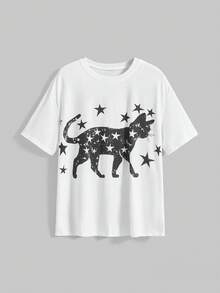 ROMWE Avant Women's Black Cat & Star Graphic Minimalist T-Shirt, Fashionable Casual Everyday Wear - White - View 1