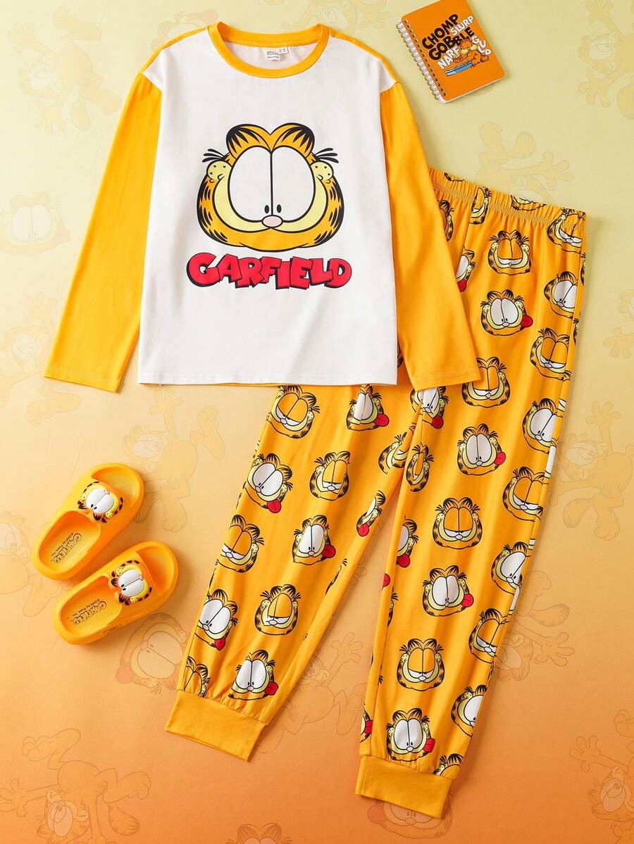GARFIELD | SHEIN 2pcs Tween Boy Cute Cartoon Pattern Round Neck Drop Shoulder Long Sleeve Top And Pants Knit Casual Pajama Set - Multicolor - View 1