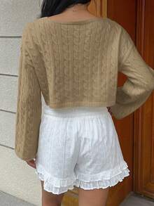 SHEIN Unity 女式性感V领长袖短款扭纹针织毛衣 - 卡其色 - 查看 2