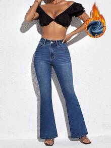 SHEIN PETITE Women's High Waist Pocketed Flare Casual Versatile Jeans - Medium Wash - View 5