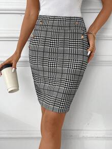 SHEIN Clasi Women's Elegant Houndstooth Print Pencil Skirt, Suitable For Work And Commute