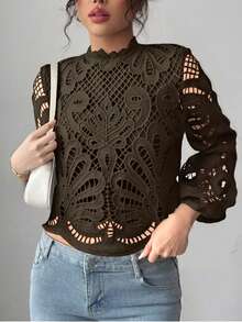 Elenzga 2025 Autumn New French Chic Fitted High-Quality White Lace Long Sleeve Cropped Top Casual Shirt, Suitable For Commuting, Vacation, Dating, Outing, Holiday, Garden, Family Gathering, Labor Day, Festivals, Independence Day, Back To School, Teacher's Outfit, Halloween, Thanksgiving