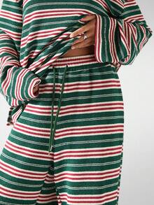 LYSMO 女士圆领落肩拼色条纹宽松休闲两件套 - 綠色 - 查看 6