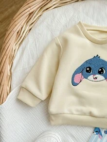 SHEIN 新生女婴可爱卡通图案长袖卫衣套装，秋冬 - 白色 - 查看 7