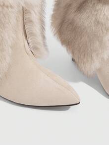 CUCCOO SZL 性感时尚奢华派对尖头细高跟仿皮草衬里拉链踝靴，杏色及膝女靴 - 杏色 - 查看 6