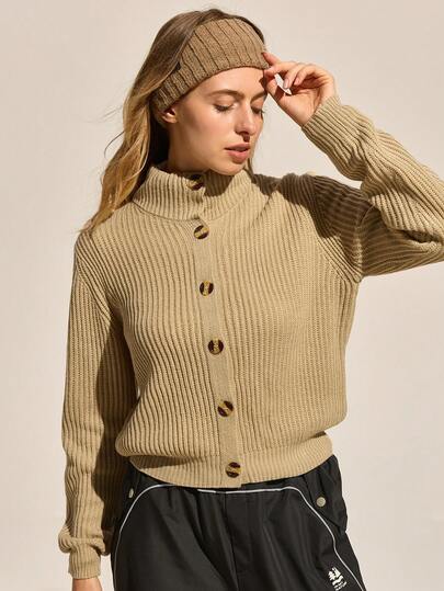 Easithlete Women's Casual Solid Color Front Button High Collar Ribbed Knit Sweater, Autumn/Winter