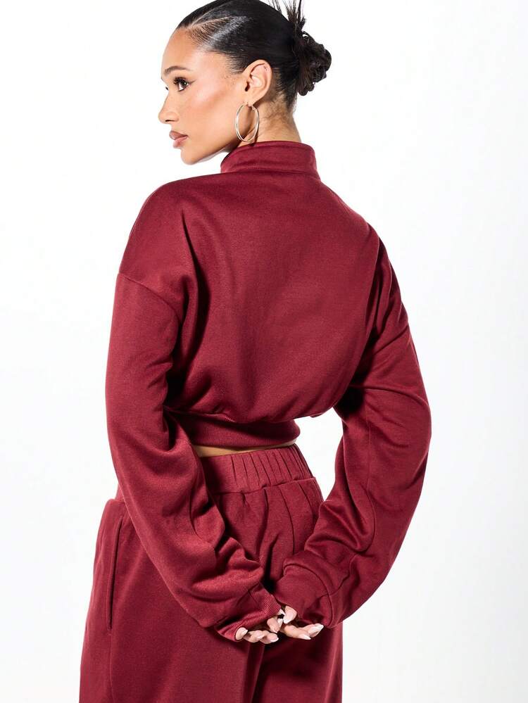 SUMWON Oversized Cropped Boxy Zip Through Funnel Neck Sweatshirt For Casual Winter Layering