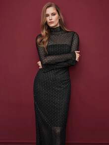 Maija Women's Minimalist Printed Sheer Long Sleeve Dress,Wedding Guest Dress Women,Party Dresses For Women,Christmas Party Dress - Black - View 7