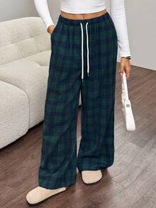 SHEIN Tall 女士格纹撞色宽松阔腿裤，适合秋冬季 - 彩色 - 查看 5