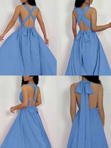 Rafferiza Sexy Multi-Way Crisscross Backless Split Evening Dress - Blue - View 2