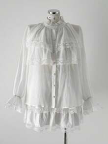 Sunspun 纹理面料和蕾丝边公主领泡泡袖衬衫，优雅适合春秋季节、度假、商务休闲 - 白色 - 查看 2