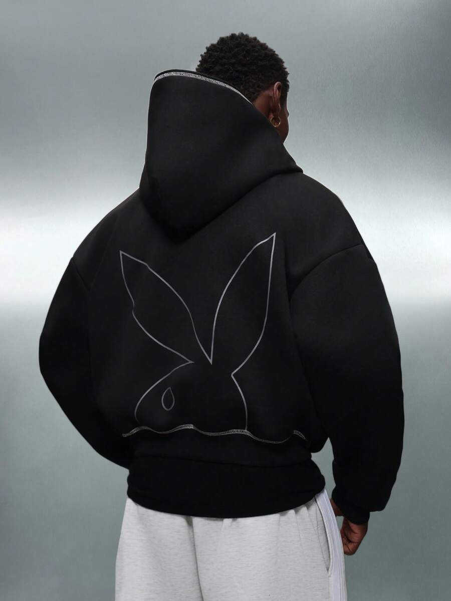 PLAYBOY X SUMWON Sudadera con capucha ajustada con bolsillo central y cordón, logo vintage, sudadera casual de invierno y streetwear - Negro - Ver 1