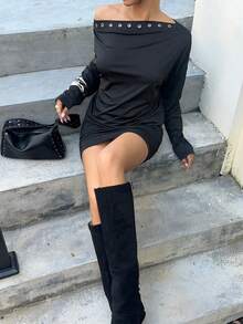 Siren Gaze Vestido mini con manga larga, hombro asimétrico y fruncido para mujer