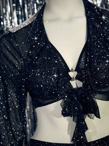 Bộ đồ lót gợi cảm trang trí hình tròn màu trơn cỡ lớn, 3 món - màu đen - Xem 3