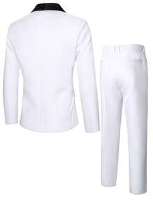 Calvornis 男士撞色披肩领长袖西装外套和裤子商务套装 白色西装 男士白色西装外套和裤子 派对西装 婚礼西装 - 白色 - 查看 2