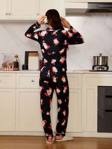 圣诞老人卡通印花长袖上衣和裤子睡衣套装，女士秋冬服装，圣诞节 - 黑色 - 查看 6