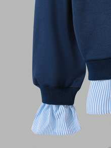 2 peças/Conjunto Moletom com Gola Polo e Saia Plissada para Meninas, Decoração de Bordado da Moda, Adequado para Uso Diário, Viagem, Volta às Aulas, Outono - Azul marinho - Visão 3