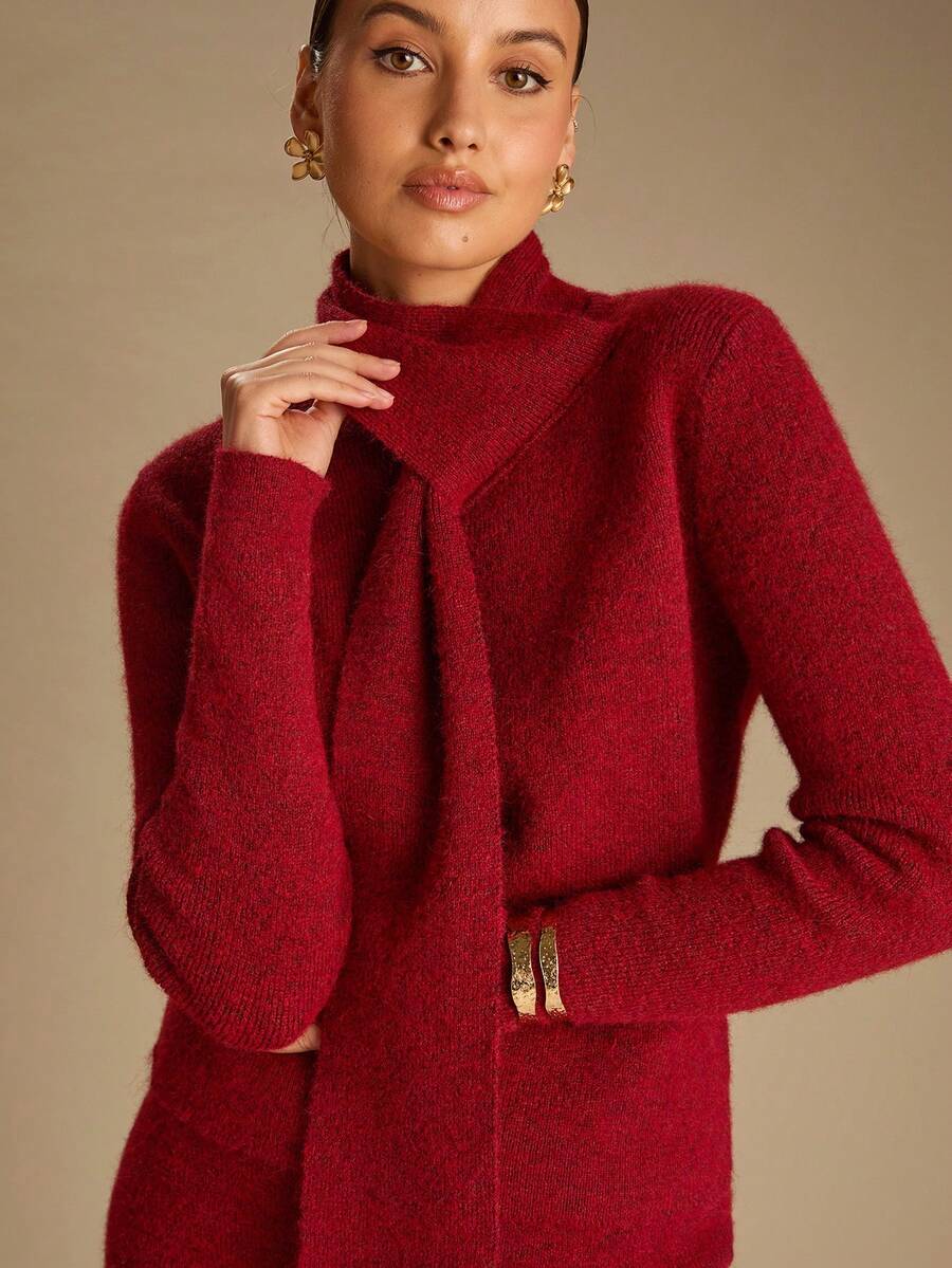 Enchnt Women's Wine Red Stand Collar Long Sleeve Knitted Mini Dress With Scarf,Elegant Chic Autumn Fall Clothes For Party,Brunch,Holiday&Office - Burgundy - View 1