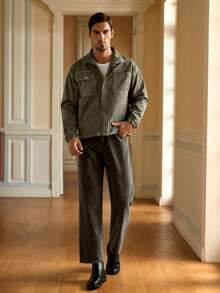 Mainfolk Men's Casual Stand Collar Contrast Color Line Utility Jacket, For Fall Winter - Army Green - View 4