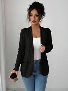 SHEIN PETITE 女式休闲罗纹羊毛开前侧口袋短款轻便夹克 - 黑色 - 查看 3