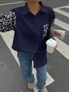 Siren Gaze 女士豹纹拼布长袖休闲衬衫，简约复古风女衬衫，街头风女衬衫，豹纹衬衫 - 藏蓝色 - 查看 3