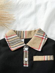 Souflis Souflis 年轻男孩休闲优雅格子华夫格针织长袖 Polo 衫和裤子套装，适合日常穿着、上学、度假和各种场合 - 黑色 - 查看 4