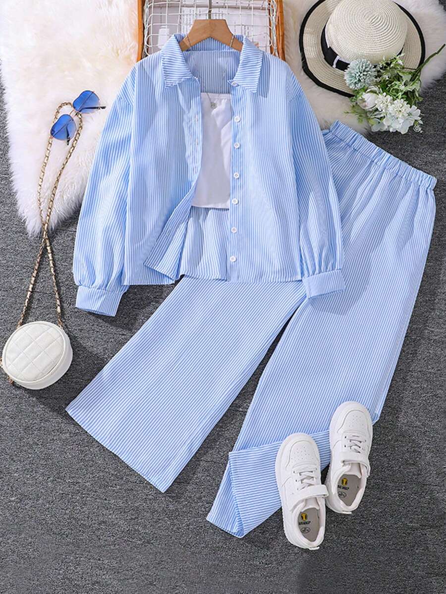 INAWLY 2 件休闲通勤套装：宽松前开衫 + 松紧腰直筒裤 - 藍色 - 查看 1