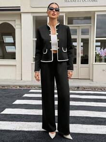 SHEIN Tall 2 件套女士休闲撞色边饰黑色夹克和裤子套装，秋冬套装办公室套装休闲套装 - 黑色 - 查看 1