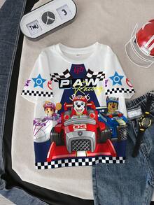 SHEIN | PAW Patrol 男童夏季休闲卡通狗和字母图案短袖T恤 - 白色 - 查看 1