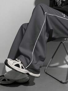 SHEIN 青少年男童宽松直筒裤，撞色黑色饰边，秋冬百搭，适合上学、居家、日常穿着、运动、生日派对、郊游，百搭、简约、复古 - 深灰色 - 查看 6