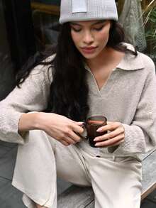 Siren Gaze Quarter Zip Drop Shoulder Sweater,Ladies Spring/Fall Casual Long Sleeve Oversized Khaki Drop Shoulder Pullovers Women Sweaters - Khaki - View 3