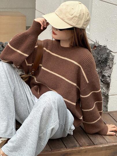 DAZY Suéter casual de niña adolescente con bloques de color y rayas, otoño/invierno