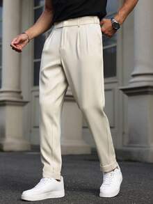 Manfinity Mode Manfinity Plus Size Men's Suit Pants, Waist Rivet Design, Business Casual Fashion Versatile Straight Leg Trousers, Great Gift For Boyfriend Or Husband Beige Pants For Men Men High Waisted Pants Men Pleated Suit Pants Khaki Dress Pants Men Cream Pants Men