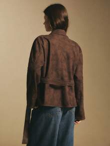 Poéselle Brown Belted Faux Suede Jacket For Women - Long Sleeve Wrap Coat, Soft Minimalist Lightweight Outerwear,Women's Fashion Waist Belt Long Sleeve Button Jacket Women Fall Clothes Brown Blazer Women Women S Fall Clothes Chocolate Brown Top - Chocolate Brown - View 7