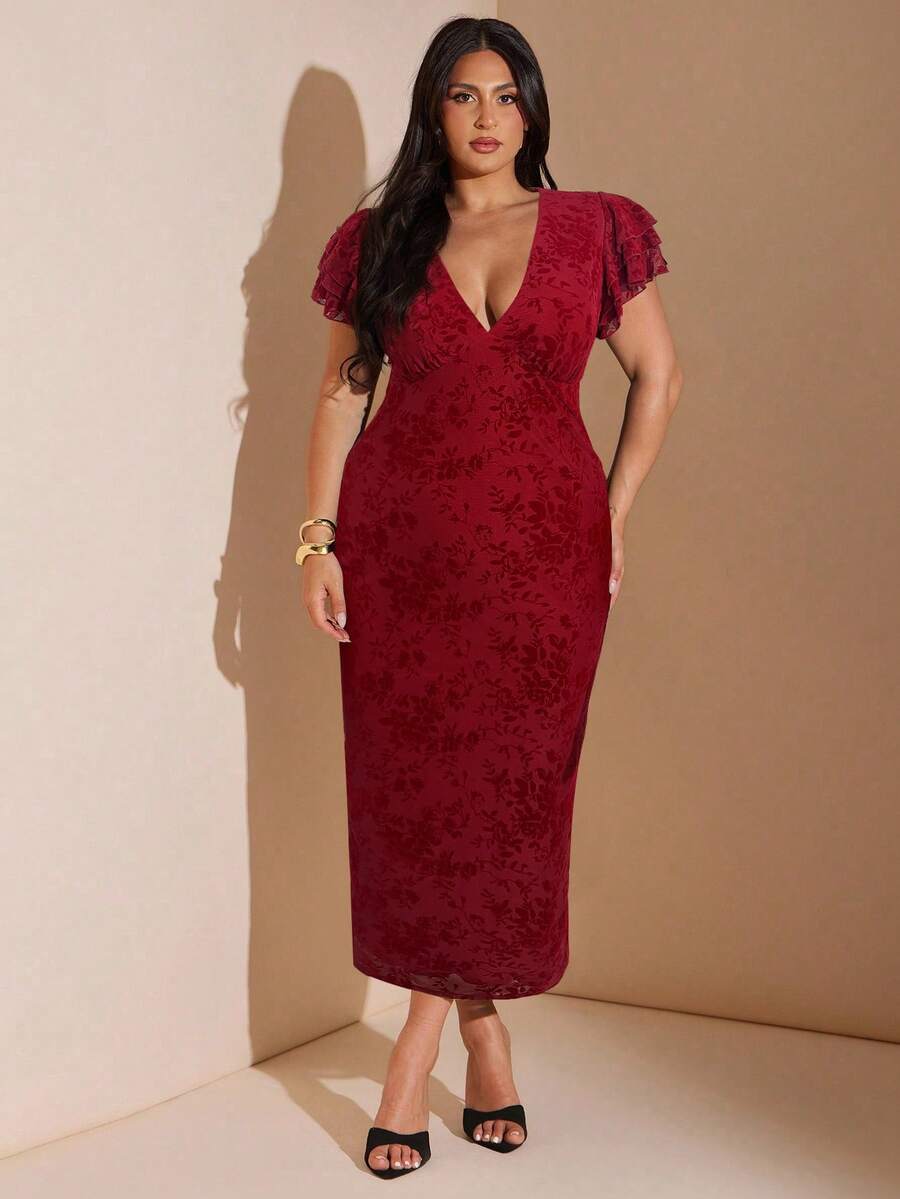 SHEIN BAE Đầm ôm sát cổ chữ V họa tiết lưới hoa cỡ lớn thanh lịch dành cho nữ, dáng dài, ôm sát, tôn dáng, thích hợp mặc hàng ngày, đi chơi, hẹn hò, tiệc trà chiều, đi nghỉ, mùa xuân/hè, mùa tựu trường dành cho nữ Đầm dự tiệc trang trọng, đầm sinh nhật dành cho nữ - Đỏ - Xem 1