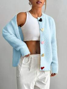 SHEIN Unity Cárdigan de punto casual con botones en forma de corazón de colores, de manga larga, para otoño/invierno - Azul - Ver 3