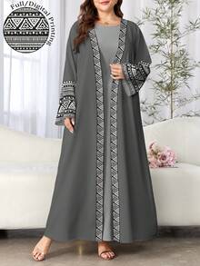 SHEIN Najma Áo choàng Abaya Ả Rập dài tay họa tiết hoa hình học thanh lịch dành cho nữ, mùa xuân/thu - Nhiều màu - Xem 1