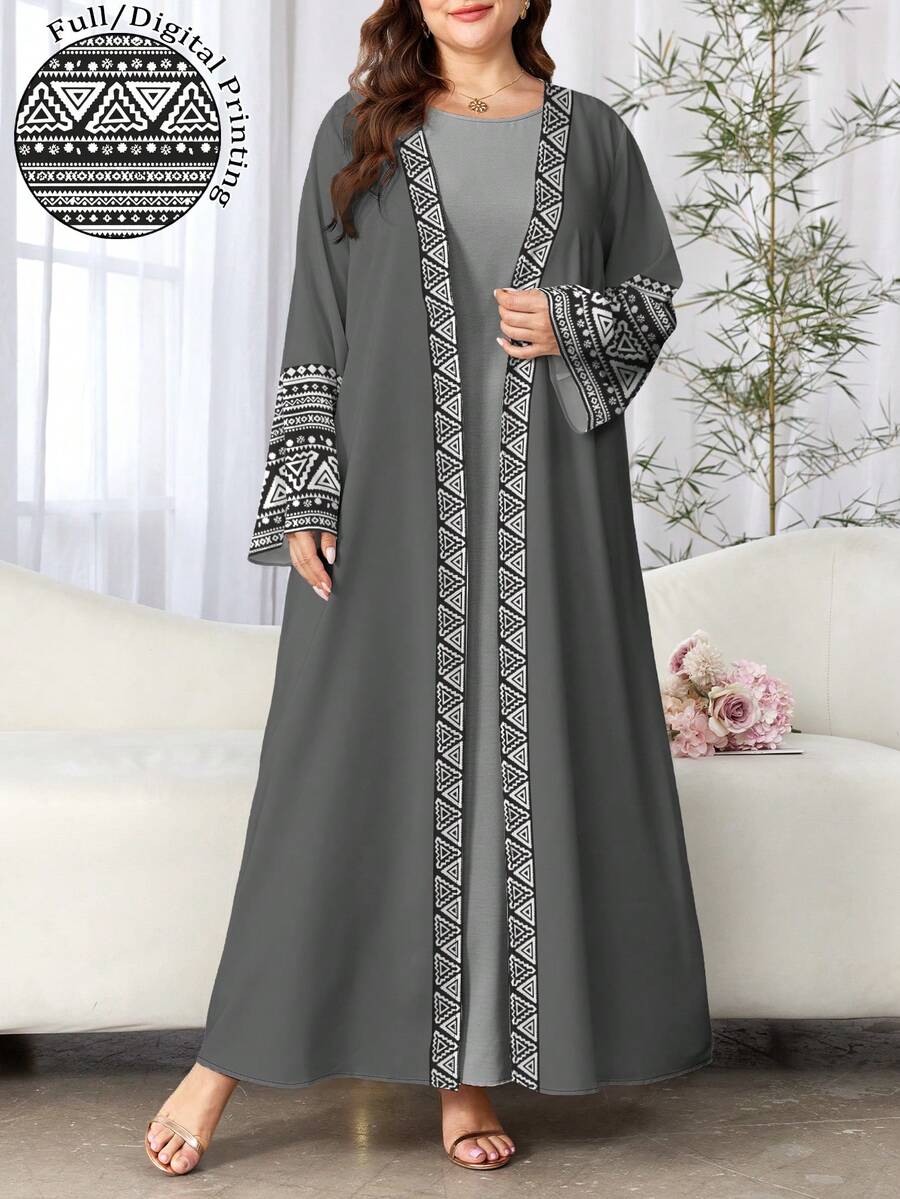 SHEIN Najma Áo choàng Abaya Ả Rập dài tay họa tiết hoa hình học thanh lịch dành cho nữ, mùa xuân/thu - Nhiều màu - Xem 1